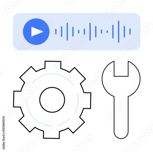 Play button, soundwave, gear, and wrench highlight audio tools, sound management, and engineering concepts. Ideal for technology, tools, audio engineering repair innovation simple landing page