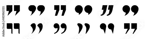 Set of inverted commas icons in black color. Set of quotation mark for quote, text, symmetry, speech bubble vector silhouette.