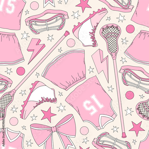 Retro Coquette Pink Girlie Lacrosse team equipment vector seamless pattern. Girl Sports Game Season Mom background.