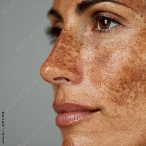 Detailed Closeup of Woman’s Face with Dark Melasma Patches and Freckles on Cheek Area