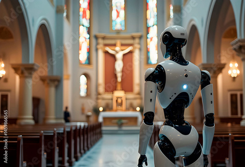 Humanoid robot in a church facing altar with crucifix – concept of AI, faith, and future spirituality