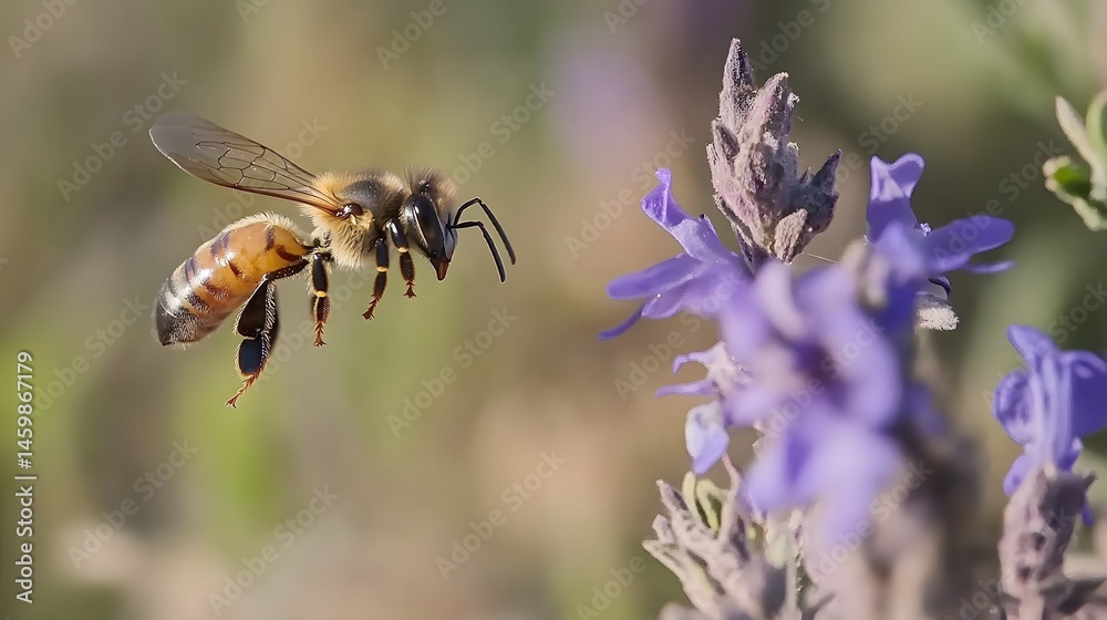 Fototapeta premium Honeybee in Flight Approaching Lavender Flower