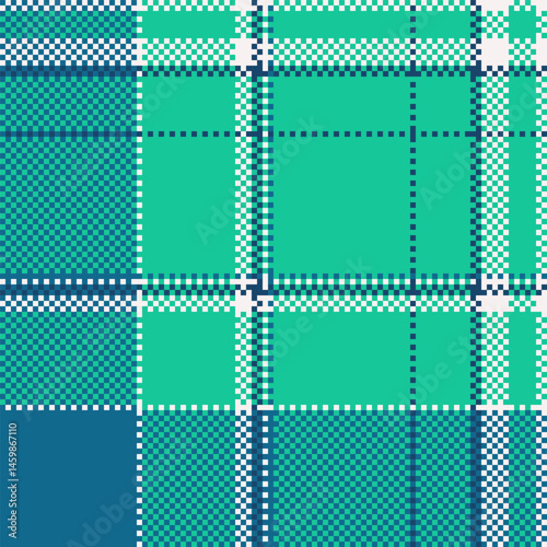 Detailed pixelated plaid design in calming blues and greens. Perfect for digital backgrounds, textile designs, or retroinspired graphics. Versatile pattern.