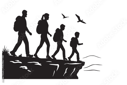 Silhouettes of Hikers Walking Along a Cliffside with Birds in Flight