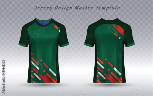 Front and back vector jersey template featuring a dynamic abstract fragmented diagonal pattern in red, orange, white on green. Customizable apparel mockup for sport teams or esports. 