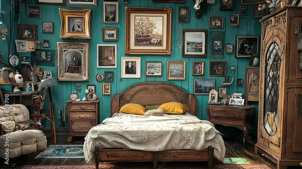Vintage Room Decor with Picturesque Wooden Furniture and Wall Mounted Portraits
