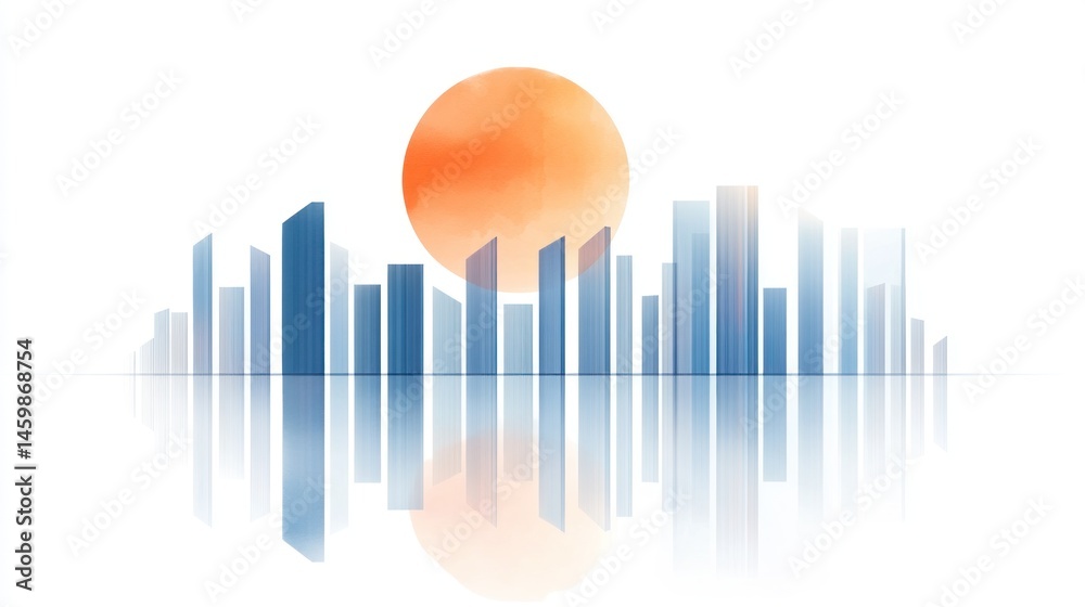 Fototapeta premium Cityscape Sunset Reflection: A Serene Urban Panorama