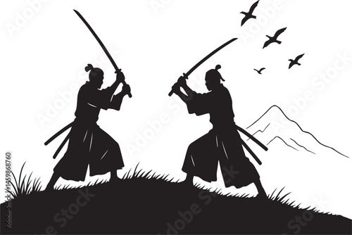Silhouette of Two Sword Fighters Engaged in a Duel on a Hilltop