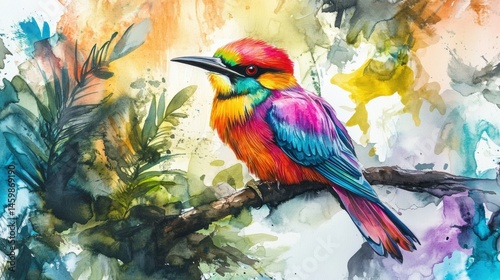 Vibrant colorful depiction of a perched bird.