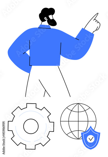 Man gestures confidently upwards with symbolic gear, globe, and shield representing mechanics, global reach, and security. Ideal for business, leadership, innovation, technology security global