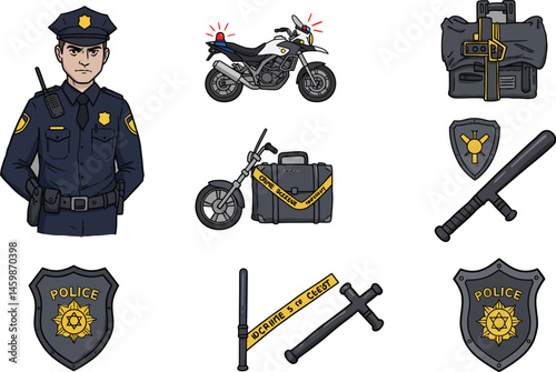 Vector Set of Police Officer and Law Enforcement Equipment Icons