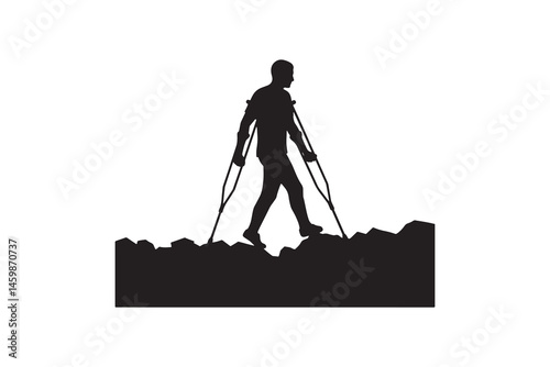 Man Walking with Crutches Silhouette - Disabled Person Walking on Crutches Icon