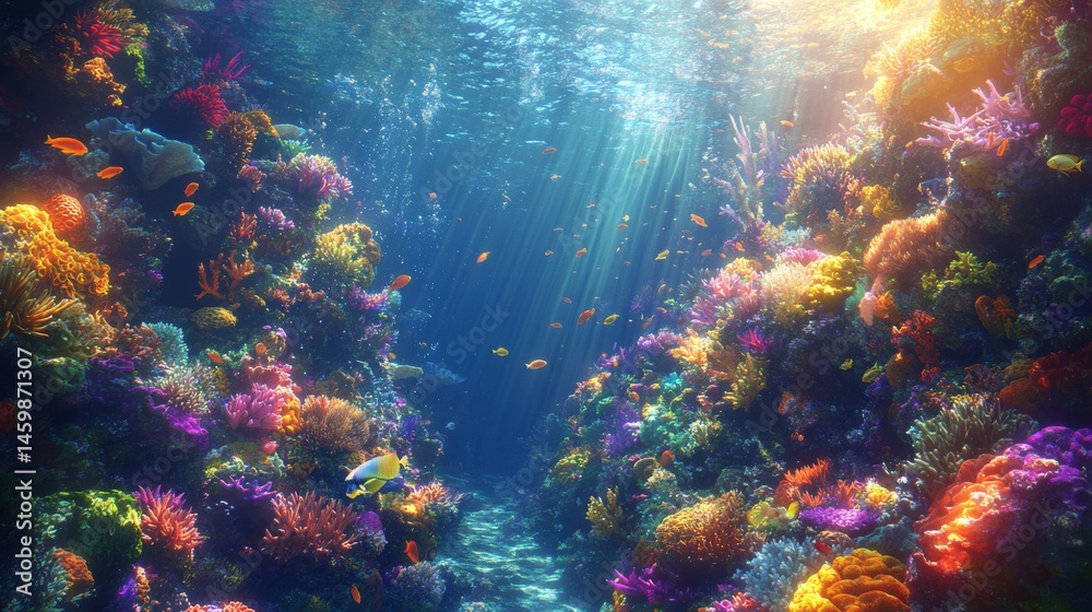 Naklejka premium Vibrant coral reef teeming with exotic fish, sunlight filtering through crystal-clear water