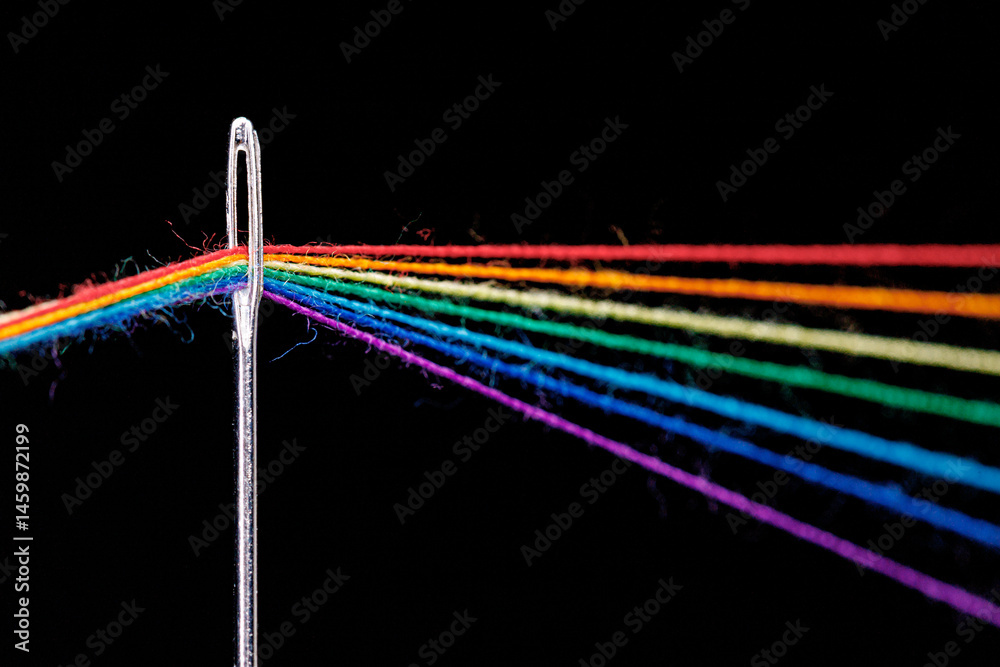 multi-colored threads for sewing in the form of a rainbow pass through an antique needle on a black background