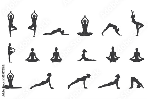 Yoga Pose Collection in Silhouette: Asanas, Stretching, and Meditation