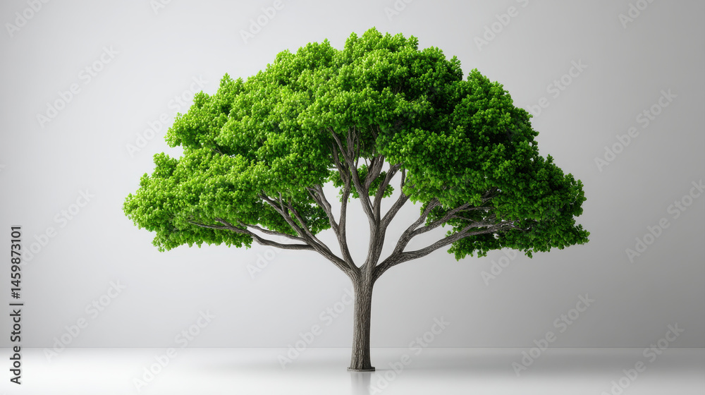 Obraz premium Vibrant green tree with broad canopy and sturdy trunk stands against plain background, symbolizing nature and growth. Its lush foliage creates sense of tranquility and beauty