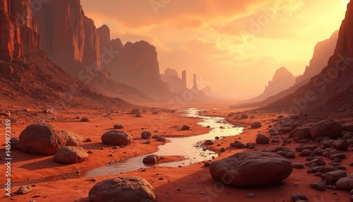 Mars landscape illustration with canyon, river. Desert terrain, rocky surface, arid environment. Space exploration, science fiction theme. Planet background for wallpaper.