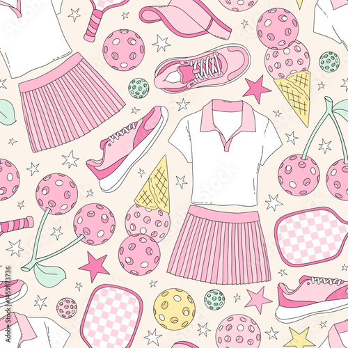 Retro Coquette Pink Girlie Pickleball equipment vector seamless pattern. Girl Sports Game Season Mom background.