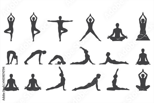 Yoga Pose Collection in Silhouette: Asanas, Stretching, and Meditation