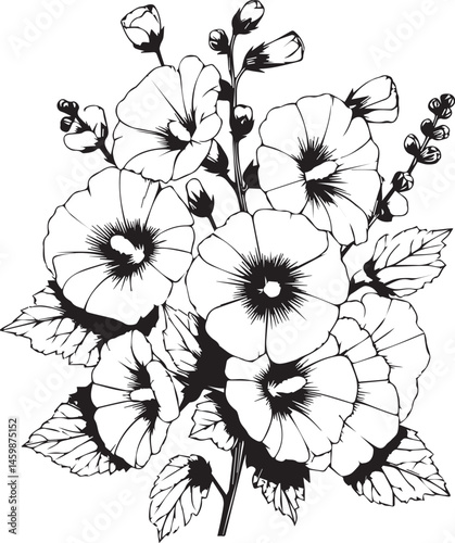 Vector floral background with Hollyhock flowers, detailed flower coloring pages printable, cosmos flower line art, creative flower drawings, cosmos flower doodle tattoo for arm