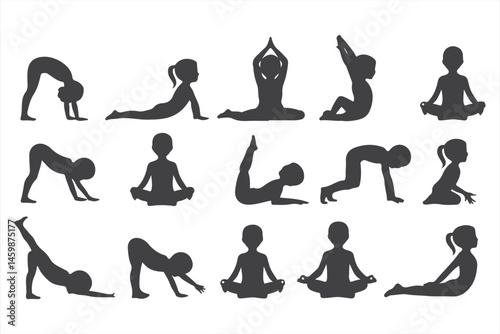 Yoga Pose Collection in Silhouette: Asanas, Stretching, and Meditation