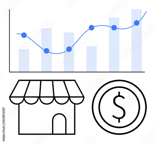 Line graph with rising trend, bar chart, storefront, and dollar sign. Ideal for business growth, financial success, investment, ecommerce, small business analytics simple landing page