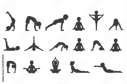 Yoga Pose Collection in Silhouette: Asanas, Stretching, and Meditation
