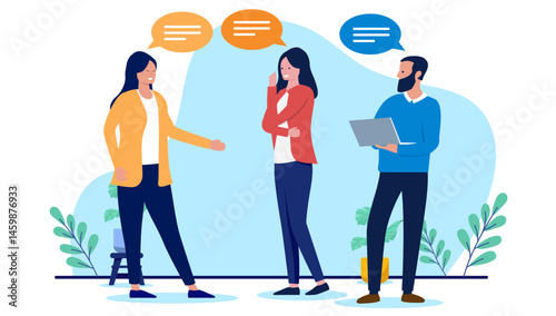 Work conversation - Businesspeople talking together in office with speech bubbles. Flat design vector illustration isolated on white background