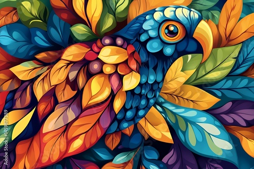 Colorful illustration of a blue parrot with leaves in shades of green, yellow, orange, purple, and red. The parrot is surrounded by a dense foliage background.