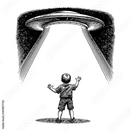 Little Boy Abduction by UFO Flying Saucer with Rays of Light Black and White Outline Line Art Drawing