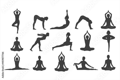 Yoga Pose Collection in Silhouette: Asanas, Stretching, and Meditation