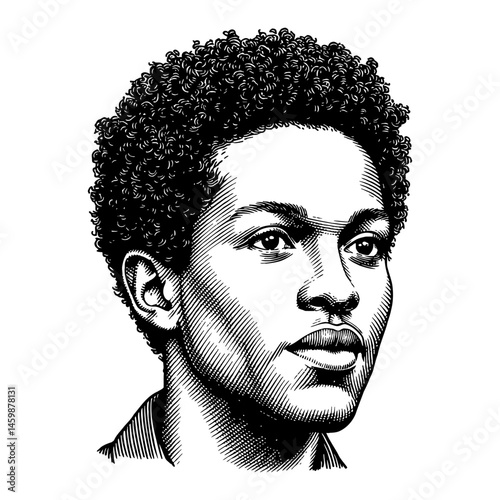 Curly African Man Portrait Detailed Face in Black and White Outline Line Art Drawing