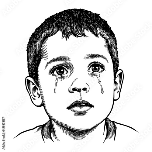 Sad Arabian Boy with Flat Face and Tears in Black and White Outline Line Art Drawing