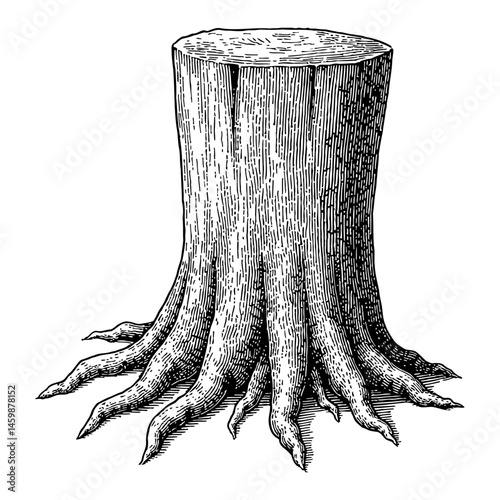 Detailed Tree Stump with Roots in Black and White Outline Line Art Drawing Engraving Style