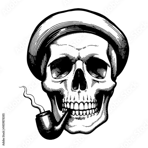 Skull Wearing Sailor Hat and Smoking Pipe Black and White Outline Line Art Drawing