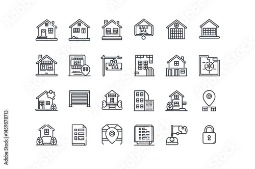 Vector Illustration of Various Real Estate Icons in Simple Line Style