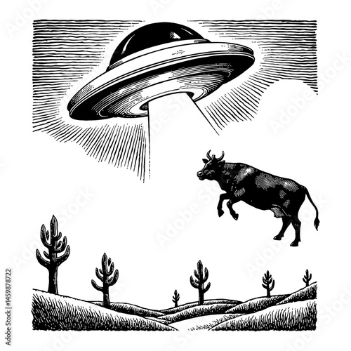 Cow Abduction by UFO Flying Saucer with Rays of Light in Black and White Outline Line Art Drawing