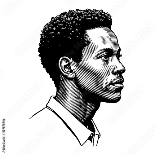 Afro African Man Side View in Black and White Outline Line Art Drawing Illustration