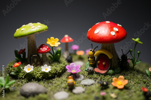 Whimsical Miniature Mushroom Forest with Tiny Bees and Colorful Flowers