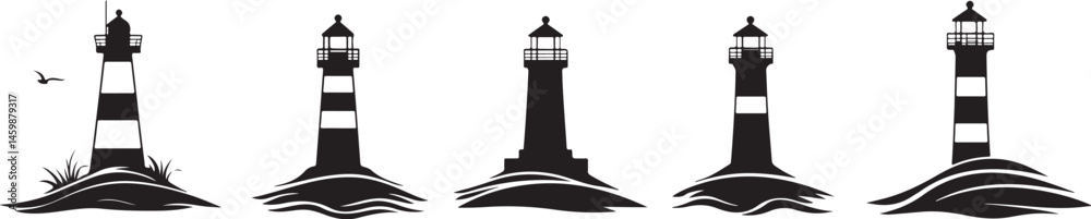 Black Silhouette Illustrations of Lighthouses and an Island
