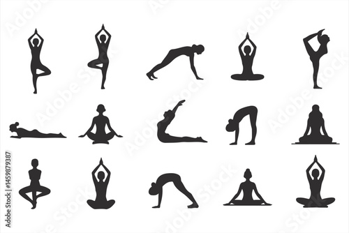 Yoga Pose Collection in Silhouette: Asanas, Stretching, and Meditation