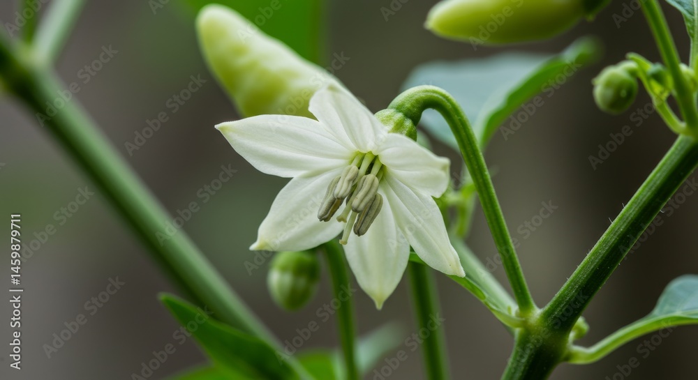 Fototapeta premium Delicate white pepper flower in full bloom against vibrant green foliage