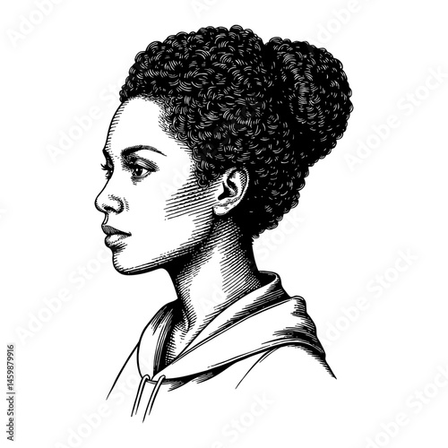 Afro African Woman Side View Black and White Outline Line Art Drawing Illustration