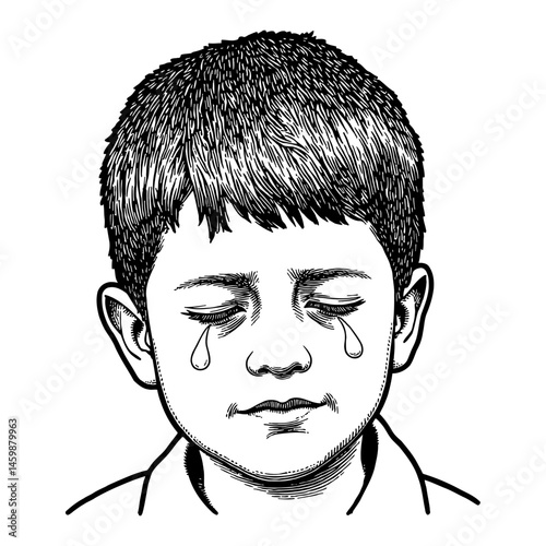 Sad Arabian Boy with Flat Face Crying with Tears Black and White Outline Line Art Drawing