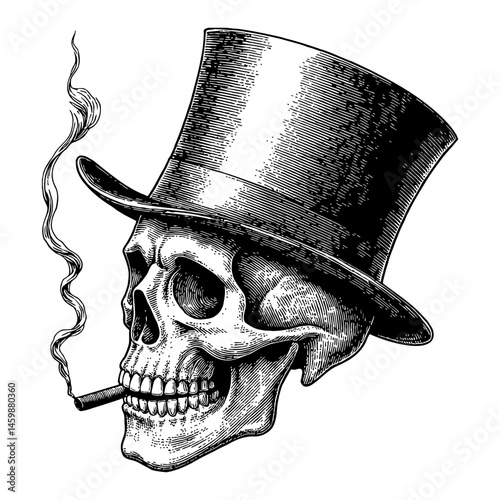 Skull Wearing top Hat and Smoking Cigar Vintage Black and White Outline Line Art Drawing