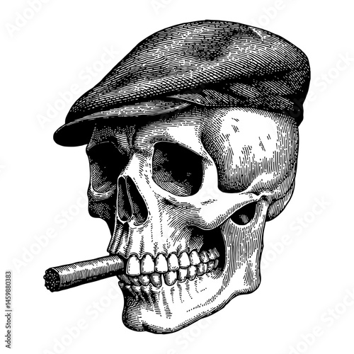 Skull Wearing Flat Cap and Smoking Cigar in Black and White Outline Line Art Drawing