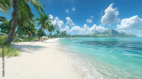 Idyllic tropical beach scene, white sand, turquoise water, palm trees, and distant mountains under a sunny sky
