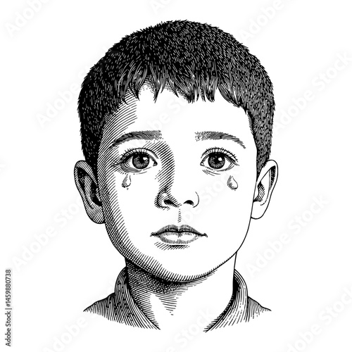 Arabian Boy with Flat Face and Tears Black and White Outline Line Art Drawing