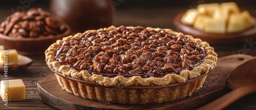 Rich, nutty pie with a glossy, caramel-like topping, nestled on a wooden board. Pieces of candy are nearby