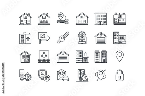 Vector Illustration of Various Real Estate Icons in Simple Line Style
